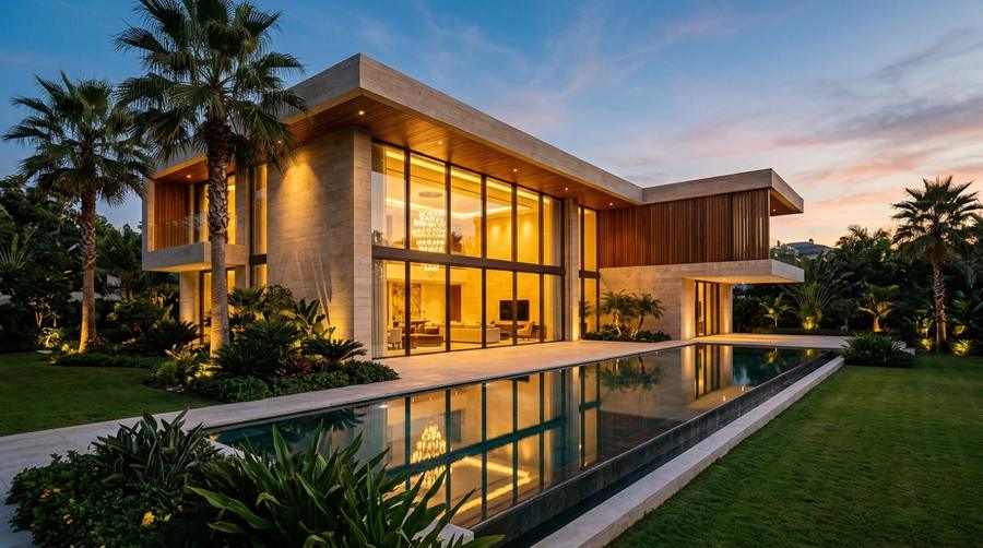 Grand Zenith Villa at dusk, with a long reflecting pool
