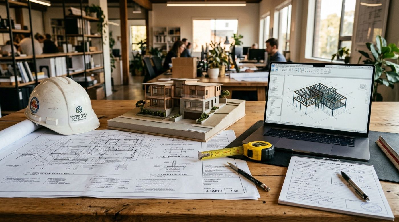 Architectural drawings, a scale model of a house and a laptop showing a structural frame on a site engineer's desk