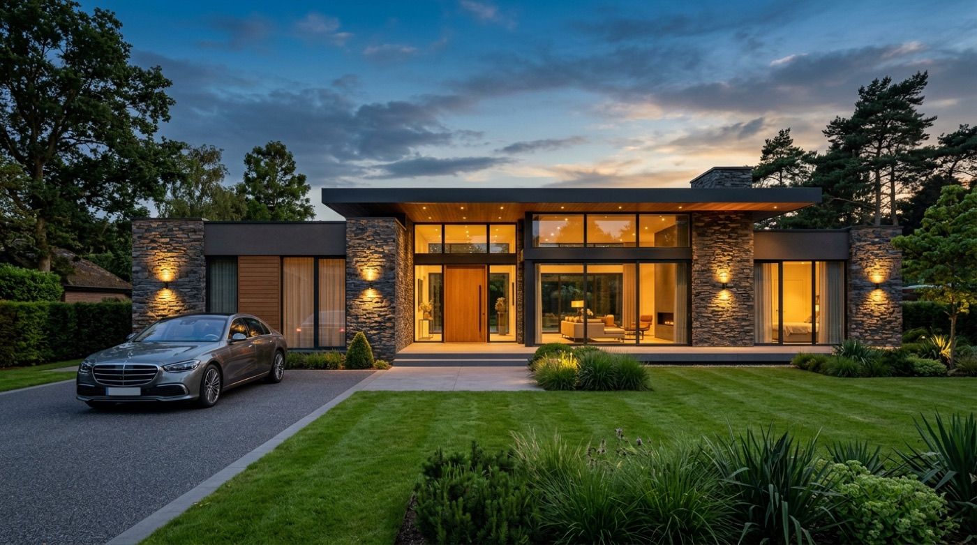 Aura Stone Bungalow: a single-storey home with stone-clad walls and warm façade lights at dusk