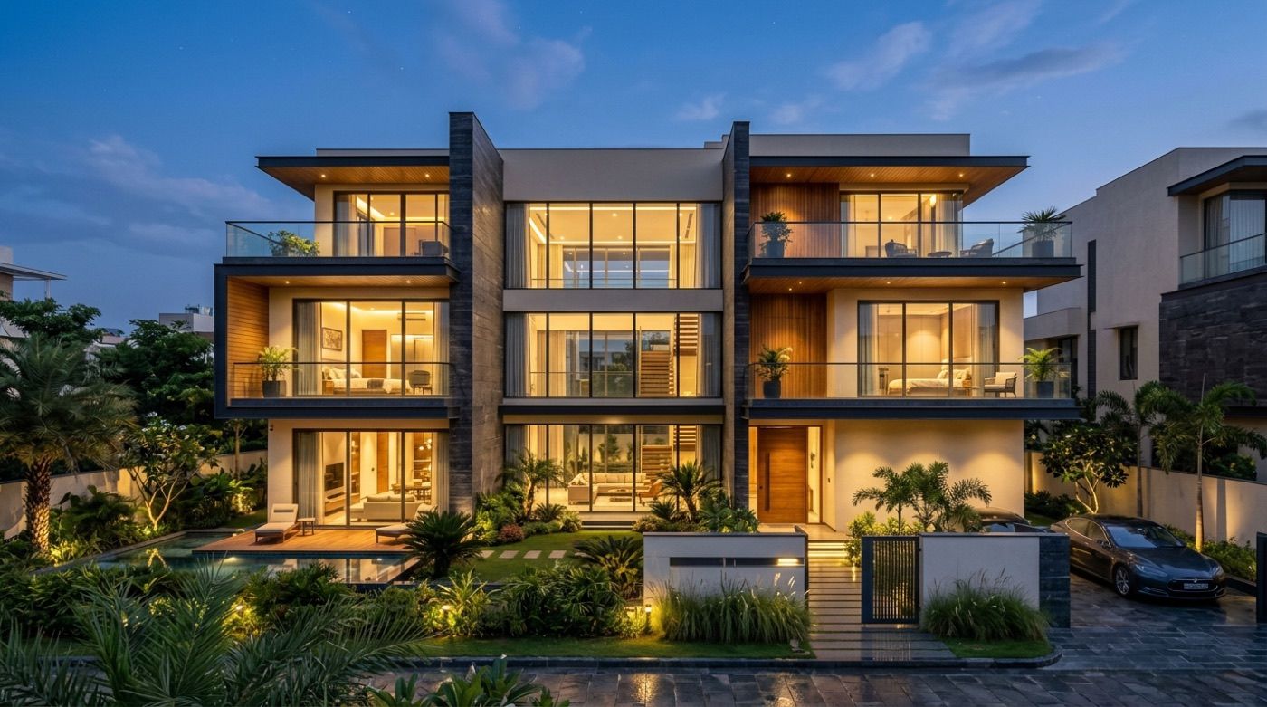 Skyline Triplex Residence: three levels with glass-railed balconies, lit up at dusk