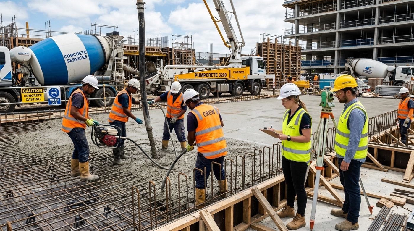 Engineers in hard hats with a levelling instrument and drawings beside a slab being poured
