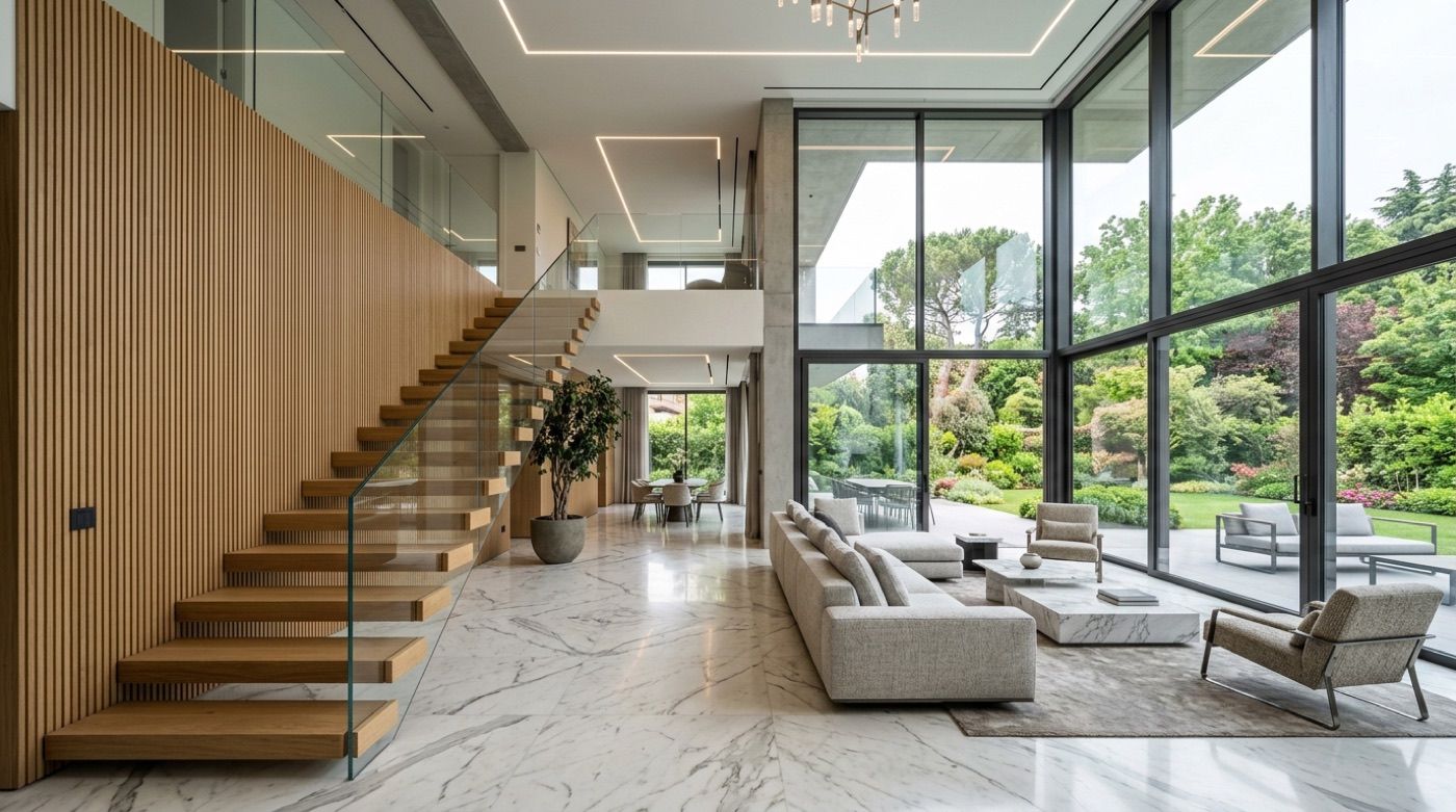 A double-height living room with a marble floor, a floating timber stair and full-height windows