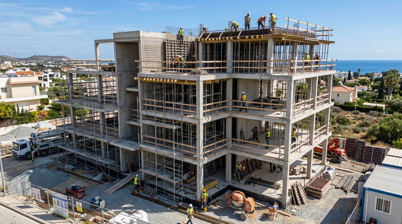 A multi-storey RCC frame under construction, with workers on the top slab